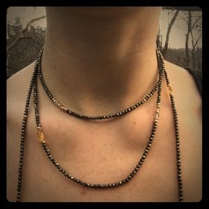 67” Long Gold, Pyrite, Citrine Necklace